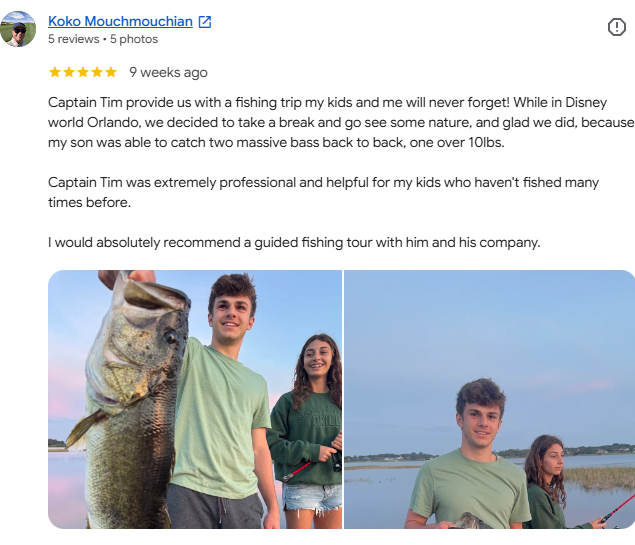 5-star Google review of Florida Bass Charter